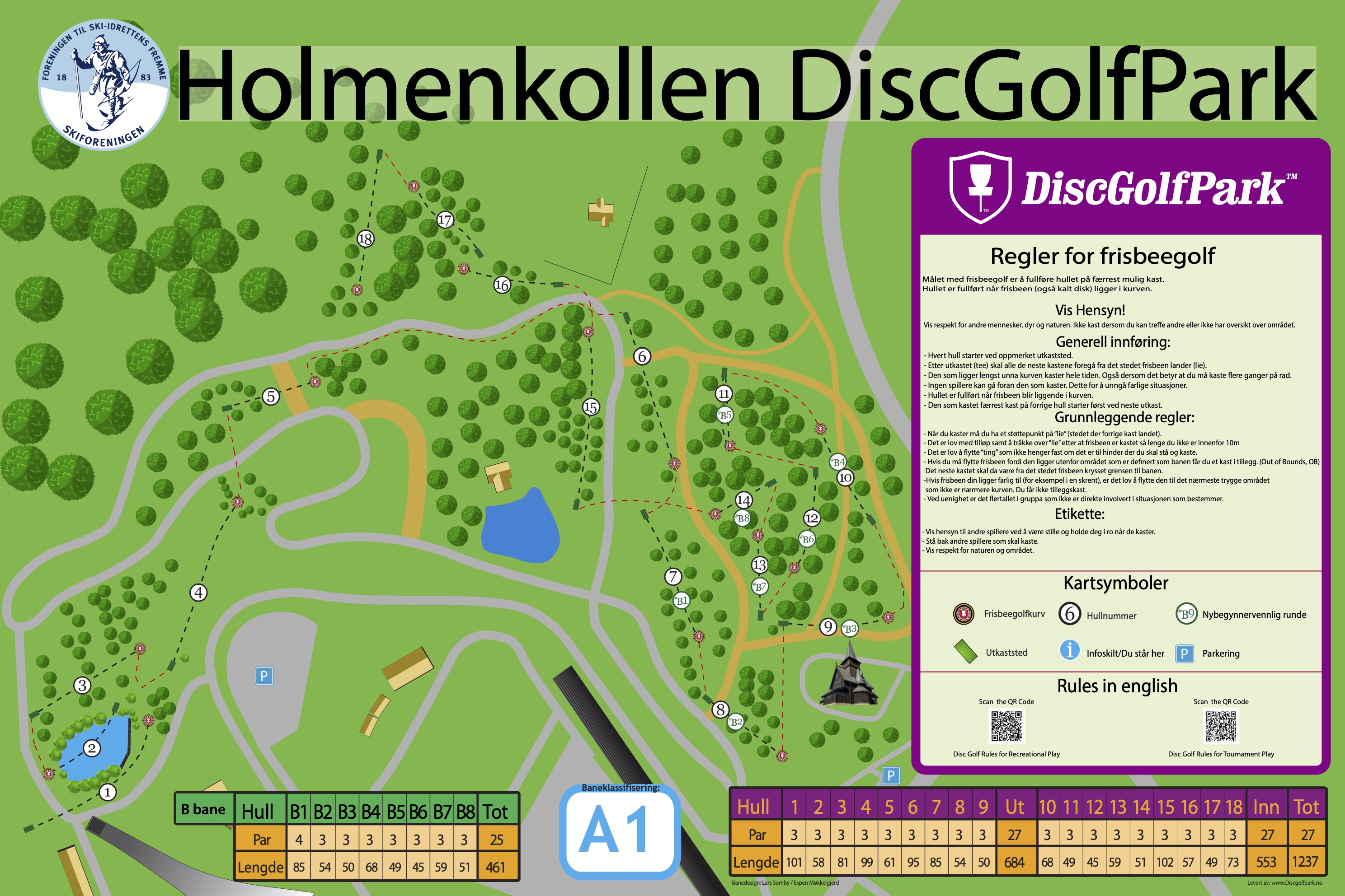 Kart over kurvenes plassering i Frisbeegolfanlegget i Holmenkollen. 