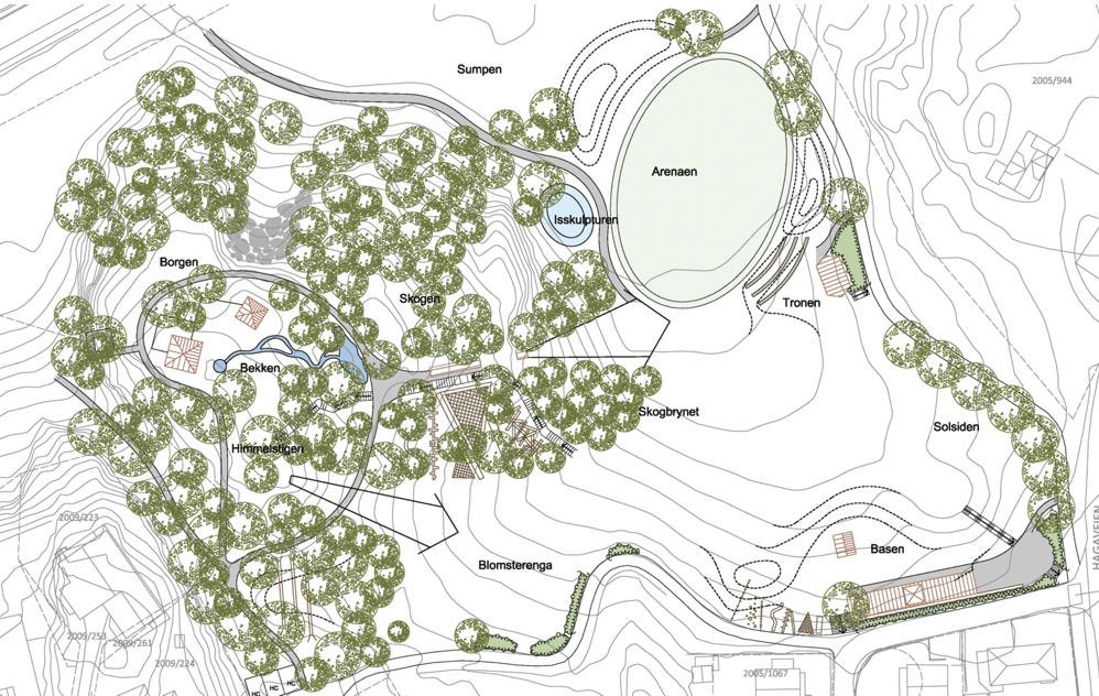 Kartutsnitt over det planlagte området der det skal anlegges en ny park. 