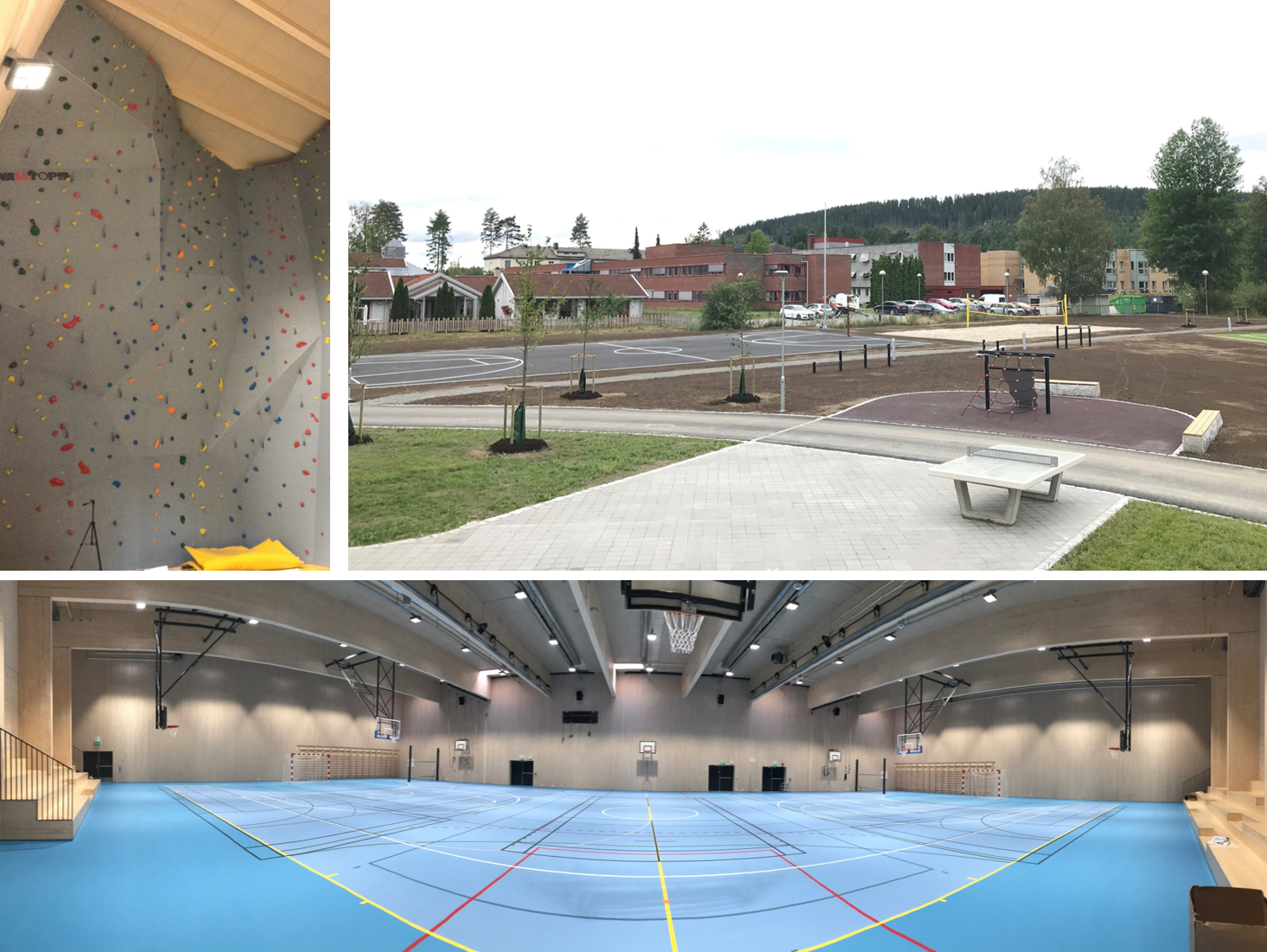 Glommasvingen skoleanlegg: Idrettshall, klatretårn og nærmiljøanlegg. Foto: Sør-Odal kommune.