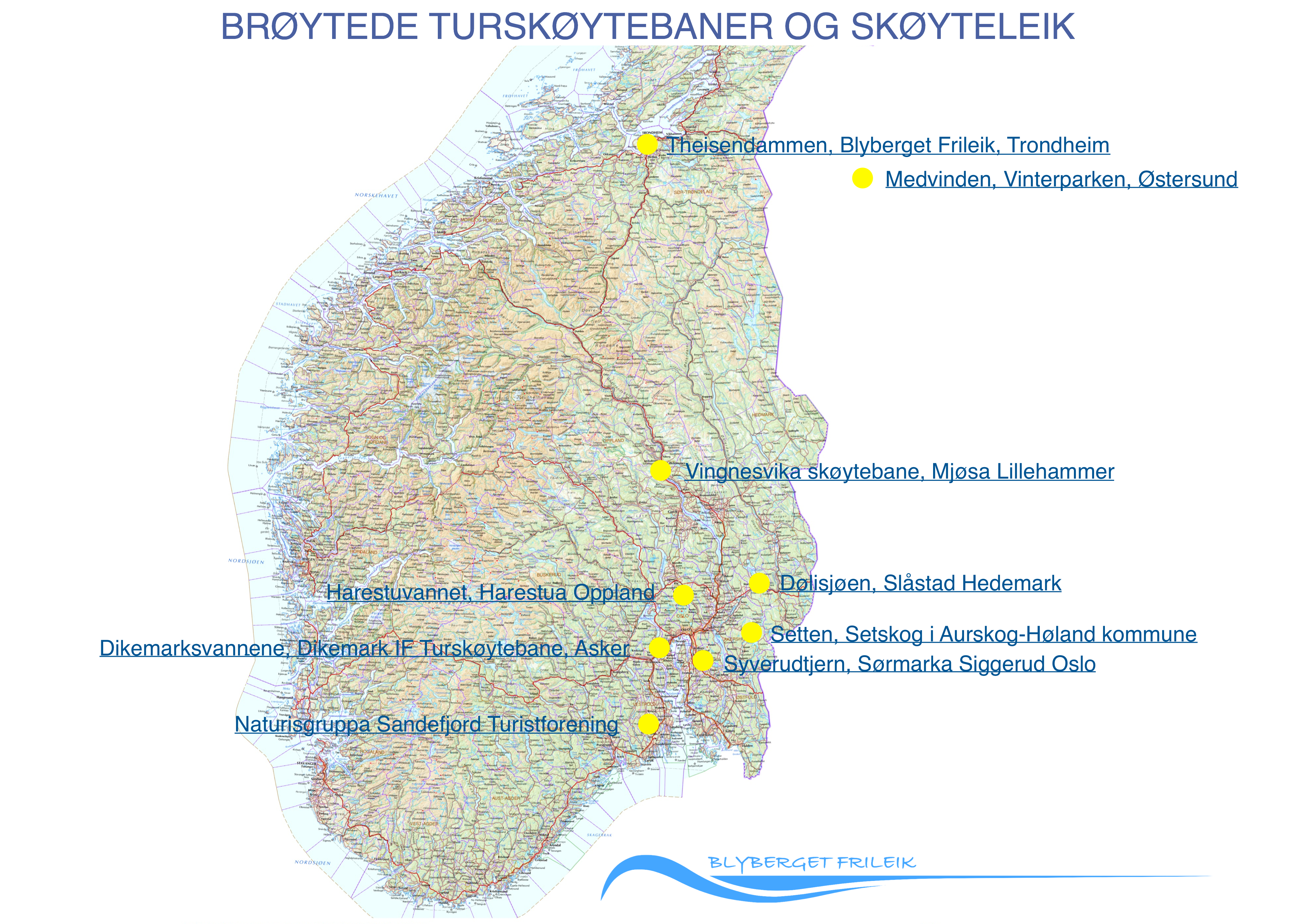 Kart som viser naturisbaner fra Trøndelag og sørover 