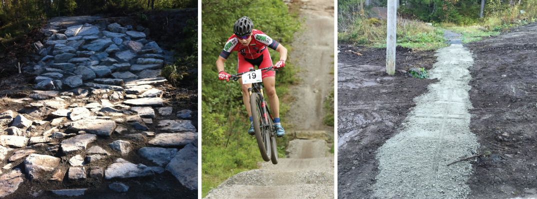 Bilde 1: sti av steiner. Bilde 2: Syklist på grus. Bilde 3: Grussti