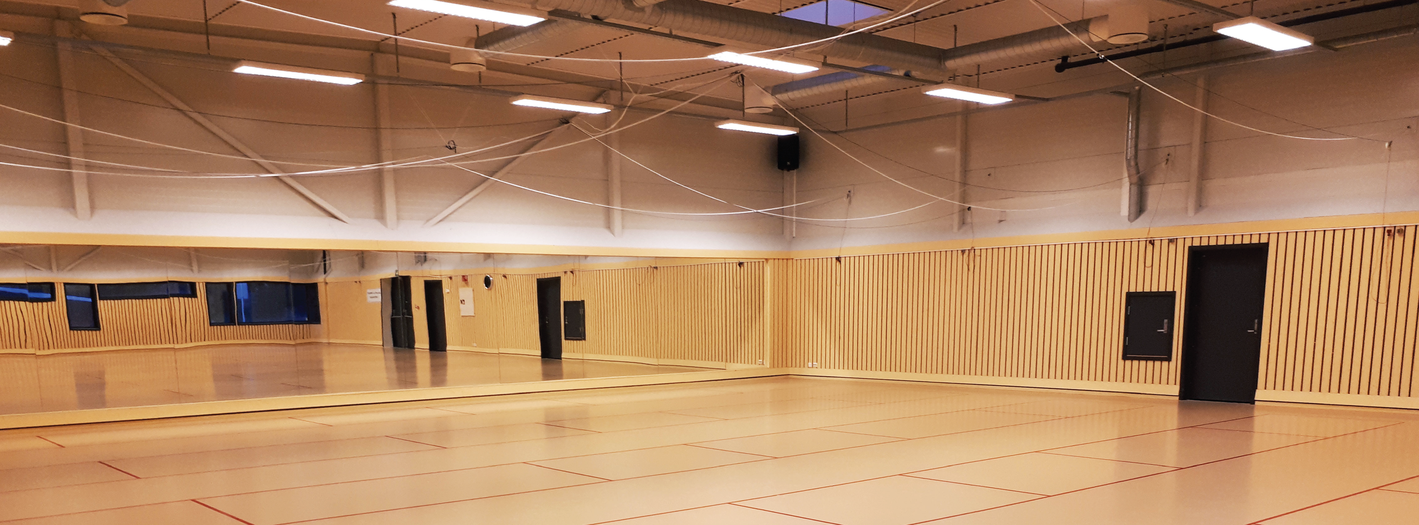 "Speilsalen" - Aktivitetssal med speil langs vegg på langsiden, samt oppmerking til fekting på gulvet