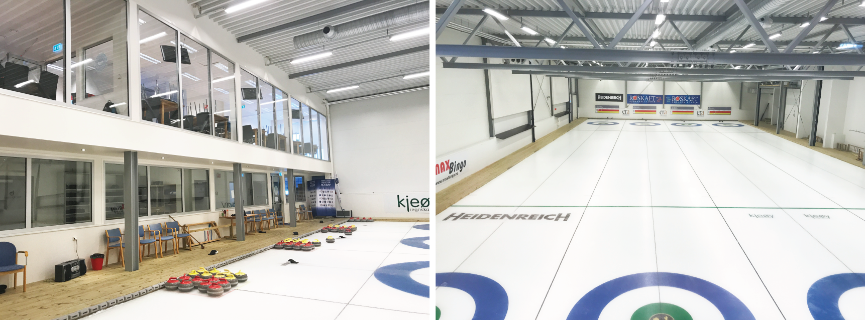 Til venstre: Gåområde i enden av curlingbanen. Til høyre: Fire curlingbaner