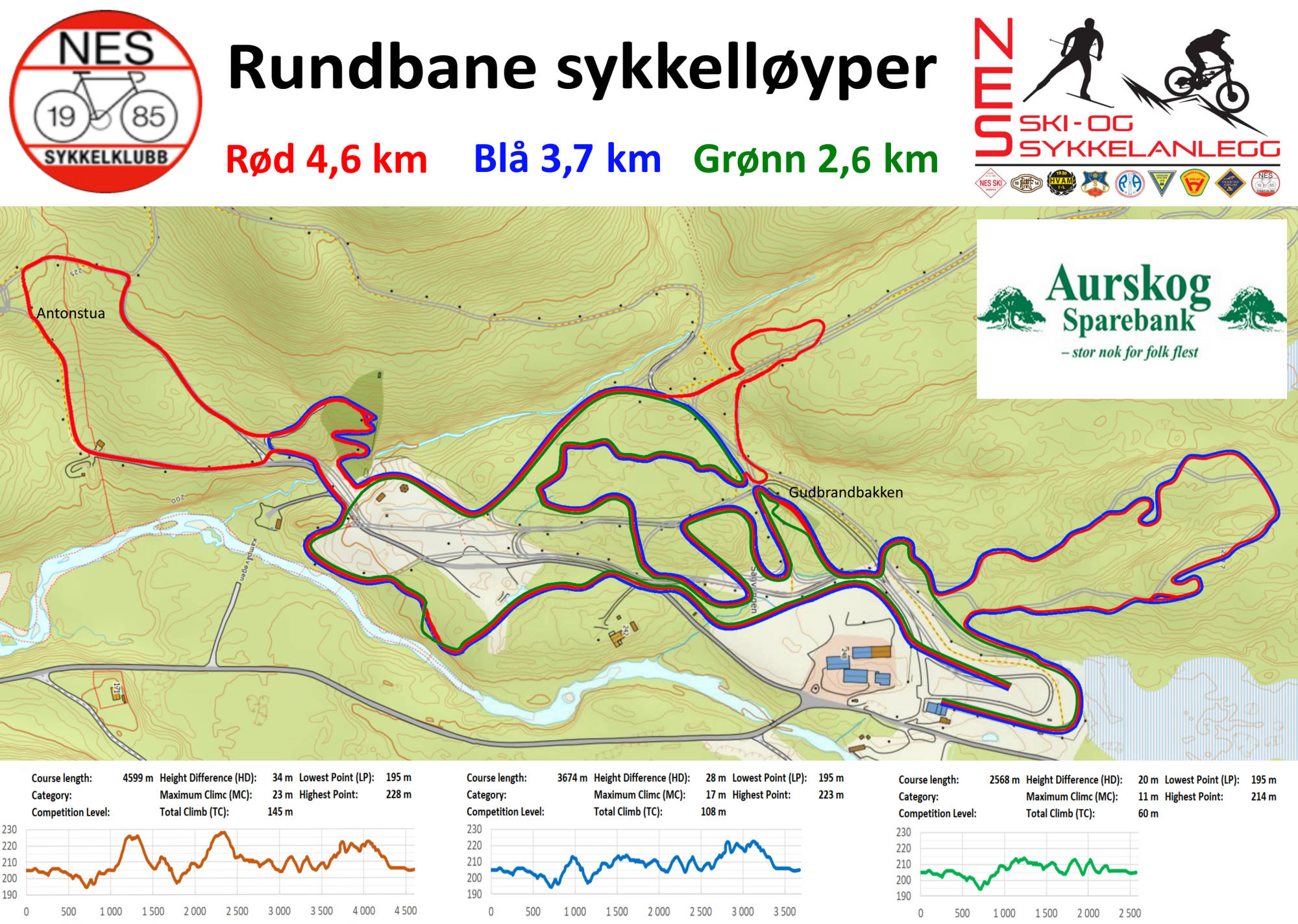 Kart over rundbaneløypene i Nes ski og sykkelanlegg