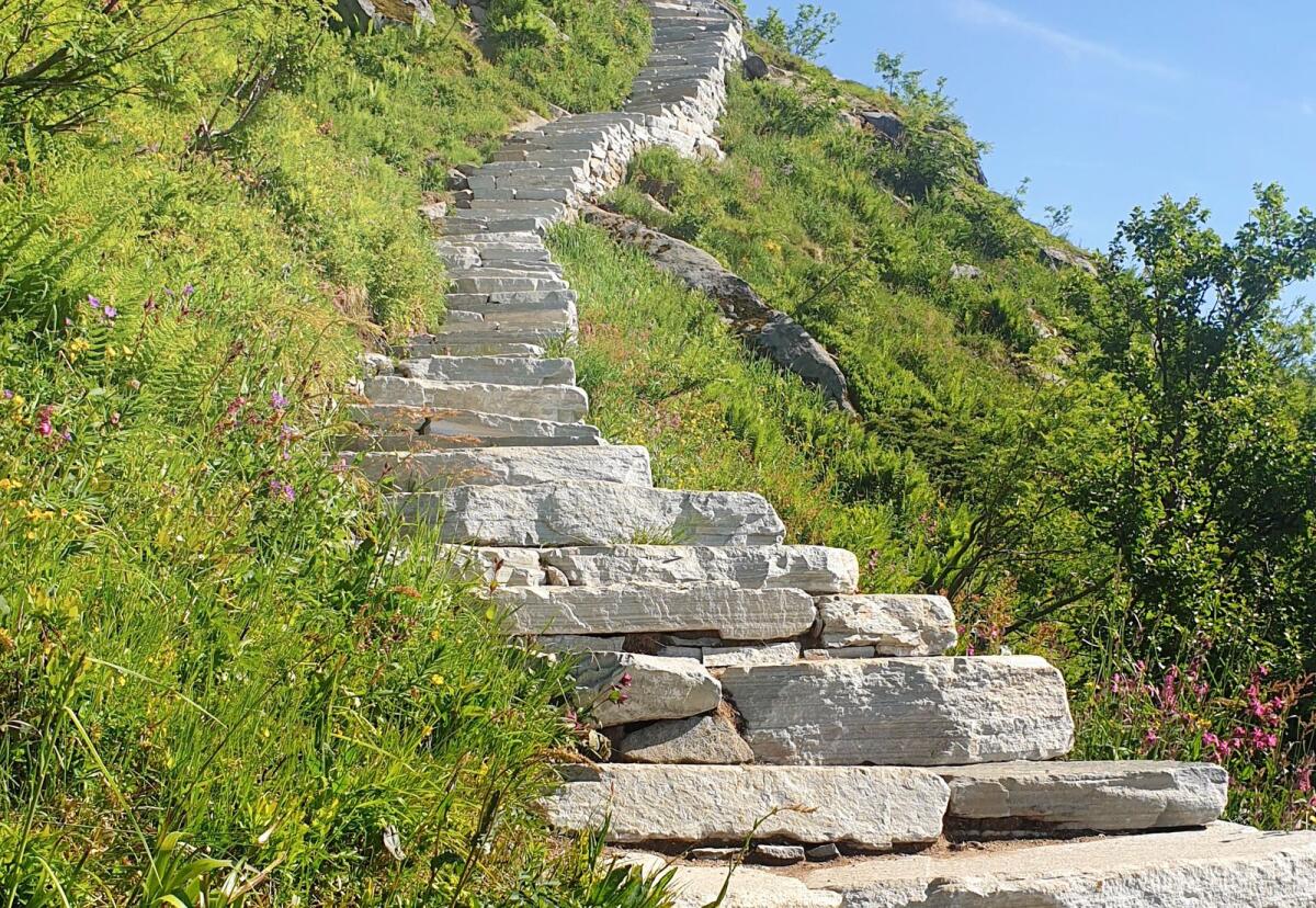 Bilde av en sherpatrapp i Tysnes. Her kan det observeres tydelige trappetrinn og god vegetasjon på sidene.