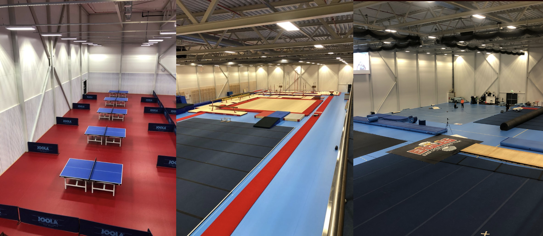 Montasje som viser hallenes tre anleggstyper: bordtennishall med bordtennisbord, turnhall med turnapparater og en cheerhall med gode matter.