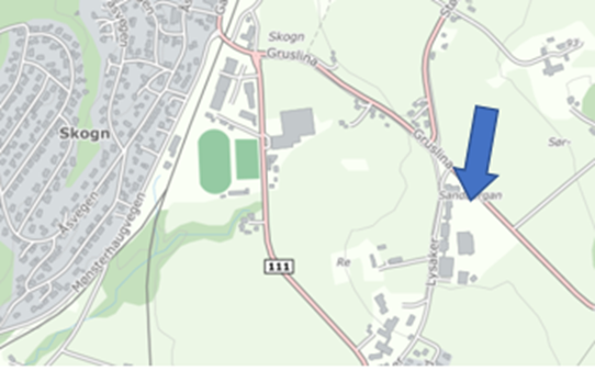 Kart over Skogn, med en pil som peker på aktivitetsparkens beliggenhet