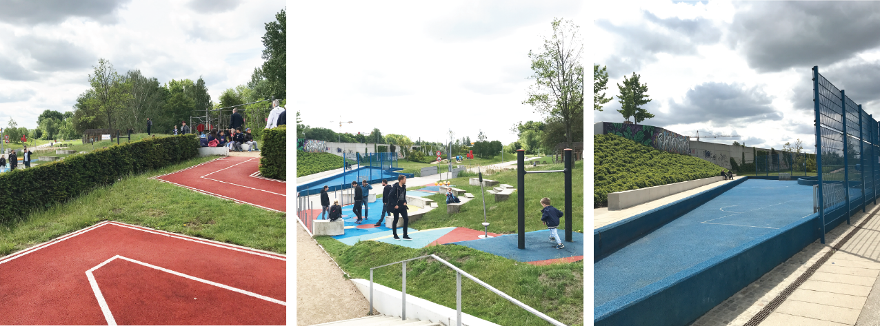 Tre bilder av aktivitetspark, med baner og apparater