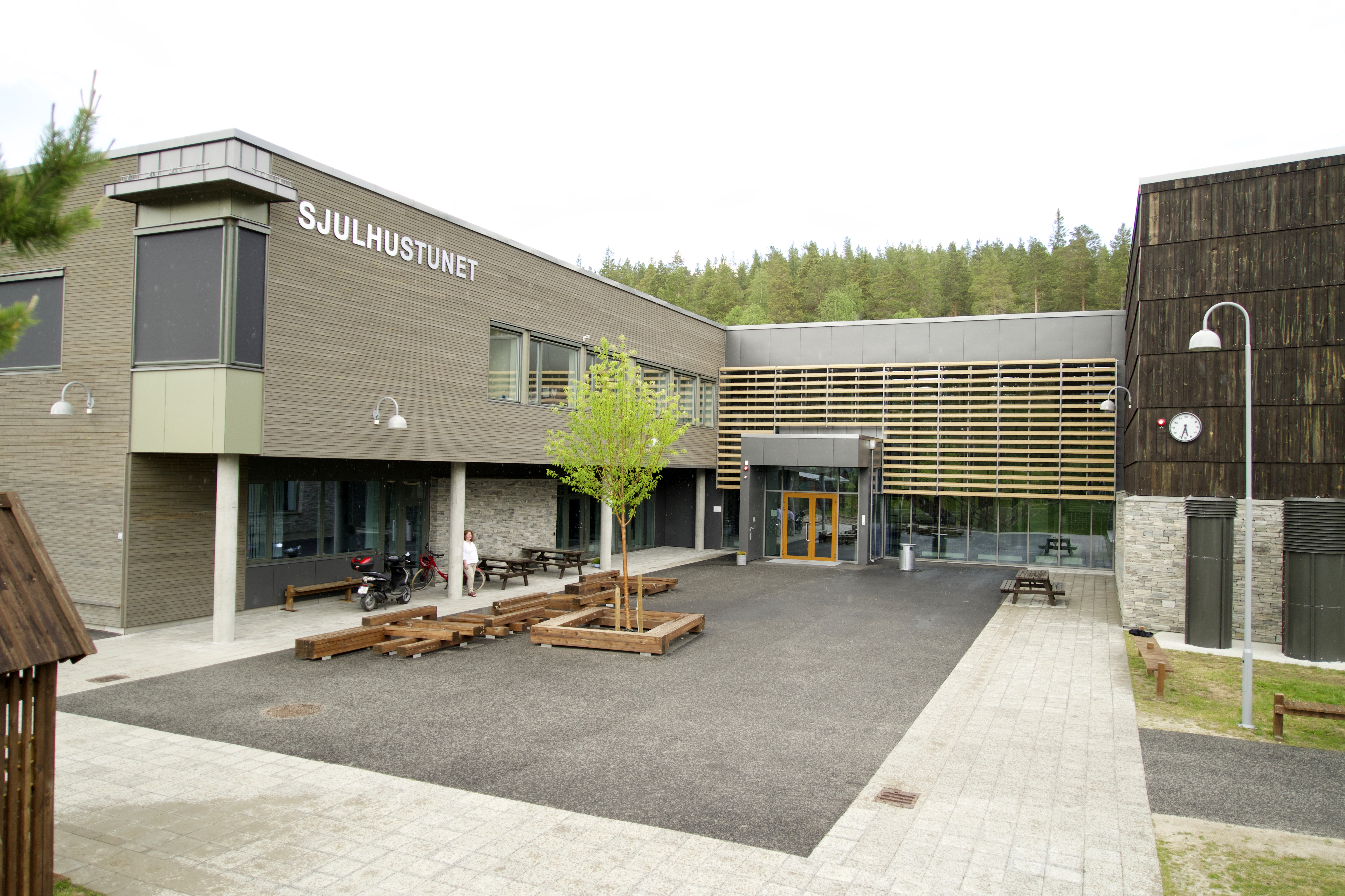 Sjulhustunet rommer nye Alvdal barneskole, Alvdalshallen, Kulturstua og Alvdal kulturskole. Foto: Alvdal kommune.