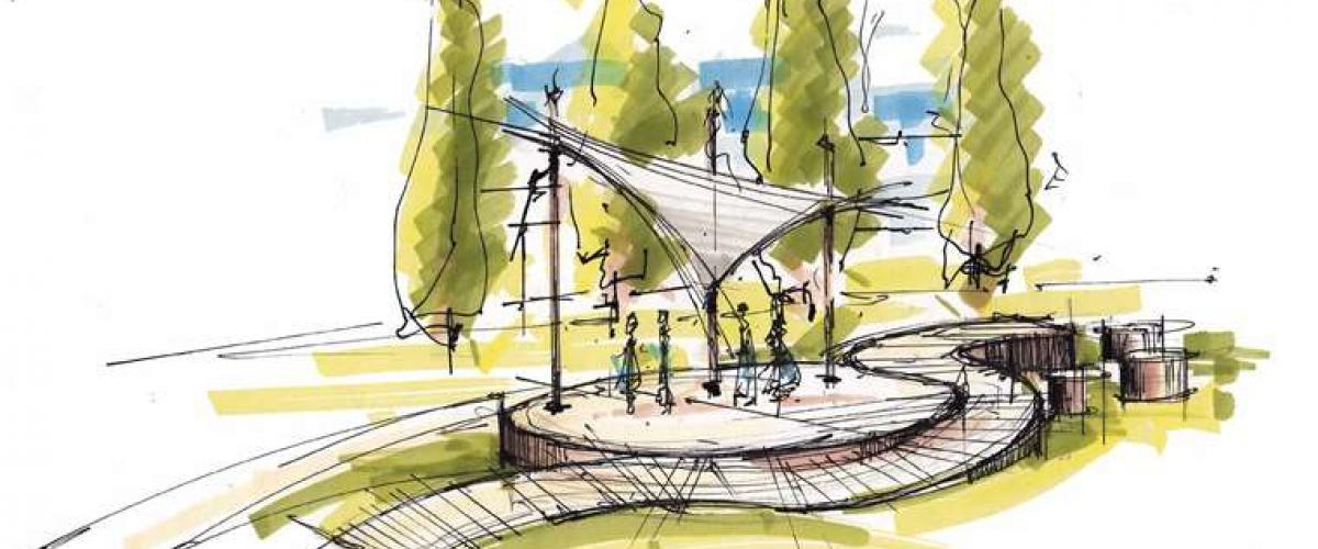 Skisse av aktivitetsstruktur, med trær i bakgrunnen.