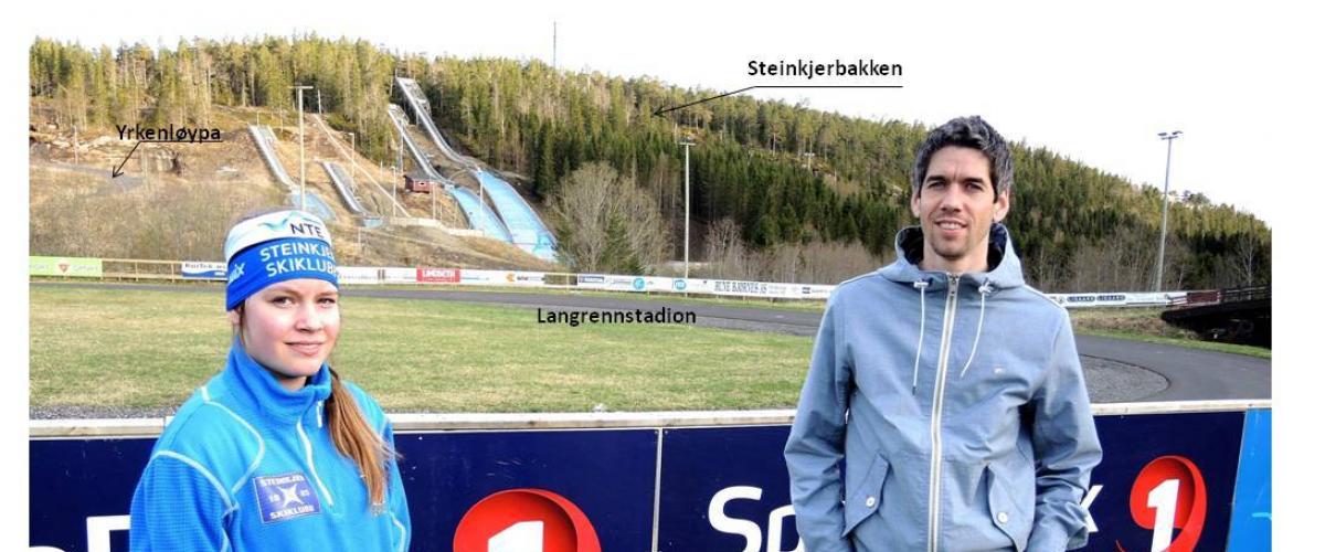Hopptalent Pernille Kværnmo og tidligere VM- og Verdenscupvinner Anders Bardal fremfor Yrken hoppanlegg.