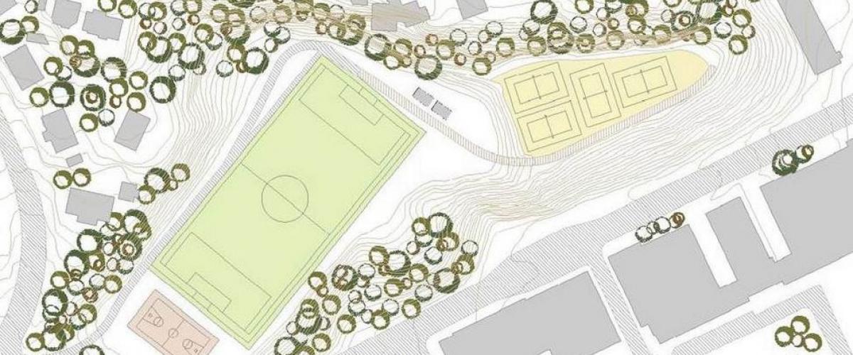 Tegning av kunstgressbane med terreng rundt