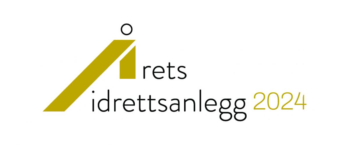 Logo med teksten 'årets idrettsanlegg 2024' i svart og gult. Det grafiske elementet inneholder en stor gul 'A' som står på spissen med en svart sirkel som representerer en ball på toppen, noe som gir inntrykk av en person i bevegelse eller en sportsaktivitet.