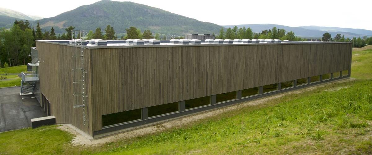 Tre er brukt som dominerende element i fasadene, sammen med glass, naturstein og noe betong. Foto: Alvdal kommune. Sjulhustunet sett utifra