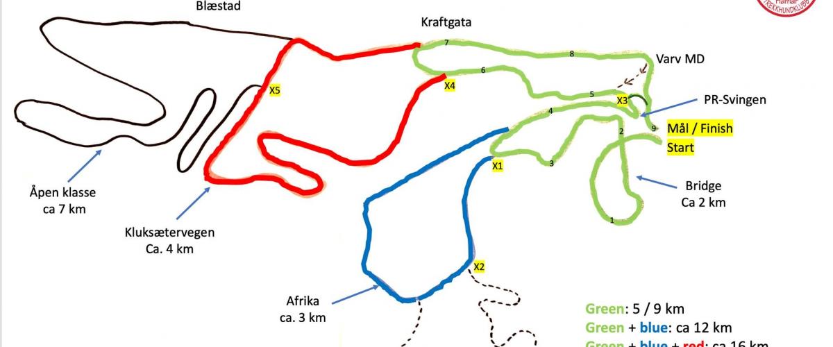 Bilde av løypenettet ved Gåsbu hundekjøreranlegg, anlegget har både grønn, blå, rød og svart løype fra 3 til 23 km. 