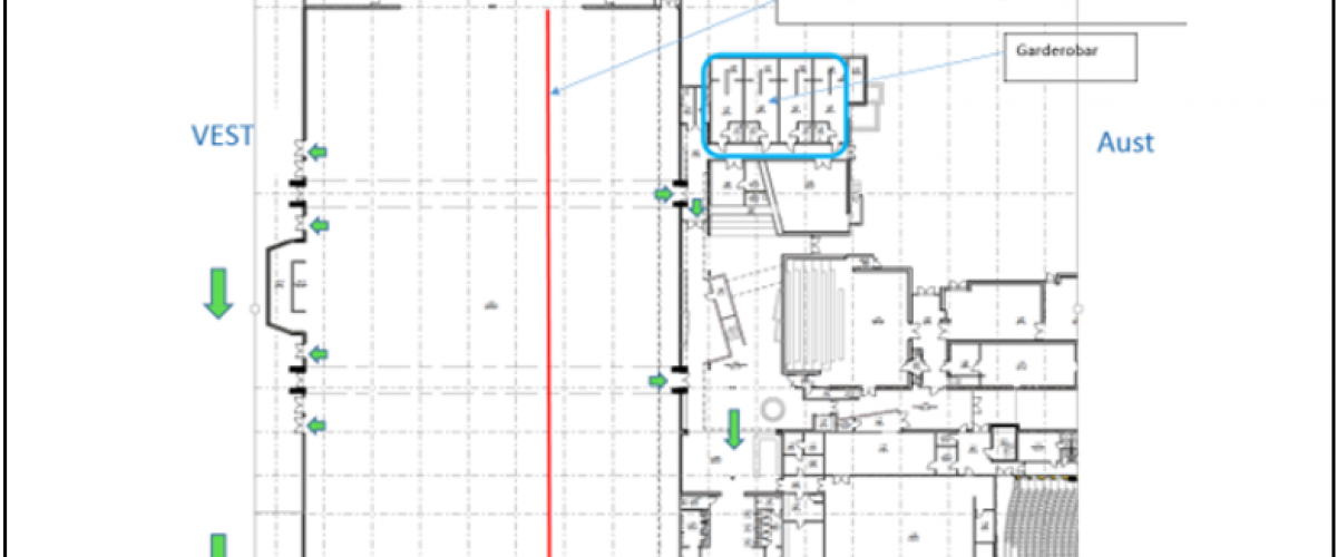 Plantegning med branninstruks for Førdehuset.