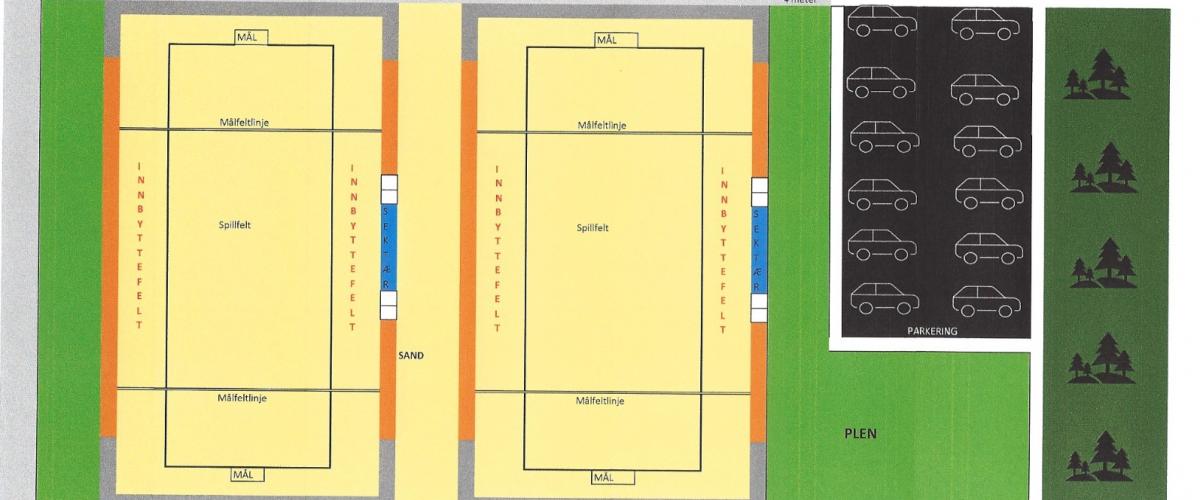 To beachhåndballbaner og en parkeringsplass