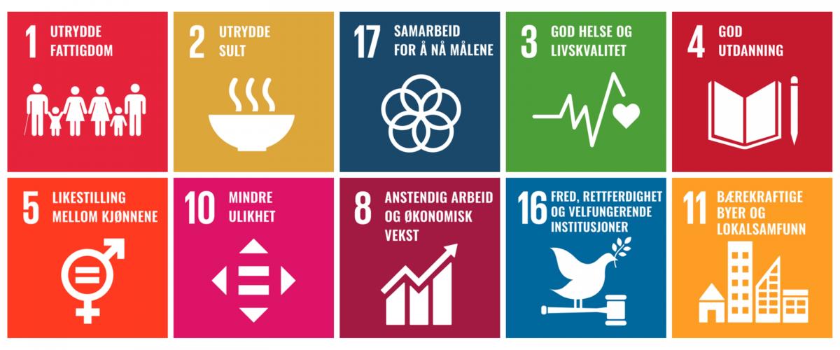 Bilde av logoer til FNs sosiale bærekraftsmål (mål 1, 2, 3, 4, 5, 8, 10, 11, 16, 17)
