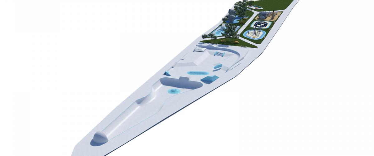 3D-skisse over aktivitetsanleggene langs Strandpromenaden i Kongsvinger.