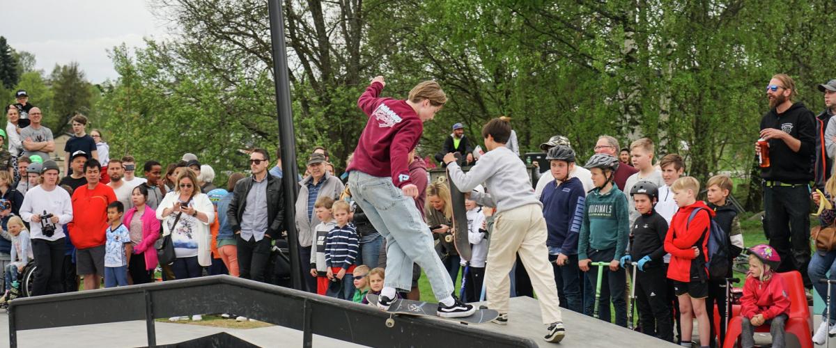 Bilde av en skater som prøver seg på en av de mange railsene i parken