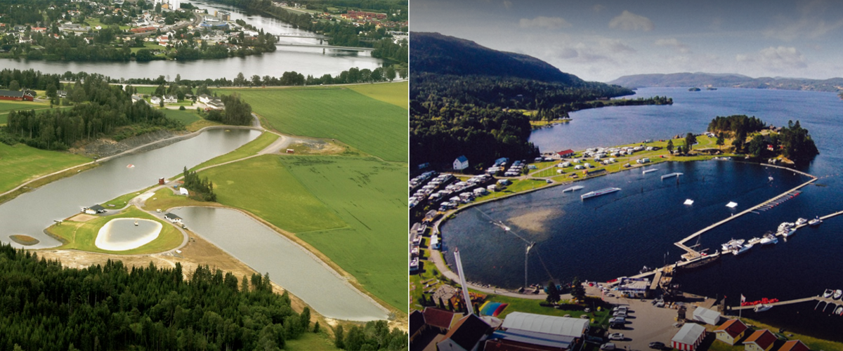 Kollasj: Oversiktsbilder over en vannskiarena og en kabelpark