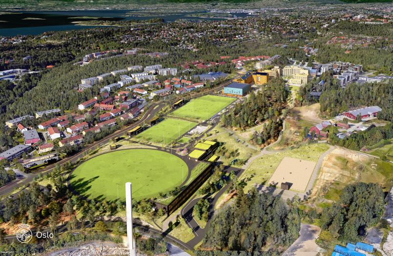 Illsutrert oversikt over idrettsfeltet på Mortensrud. 