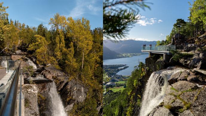 Foss og utsikt til fjord
