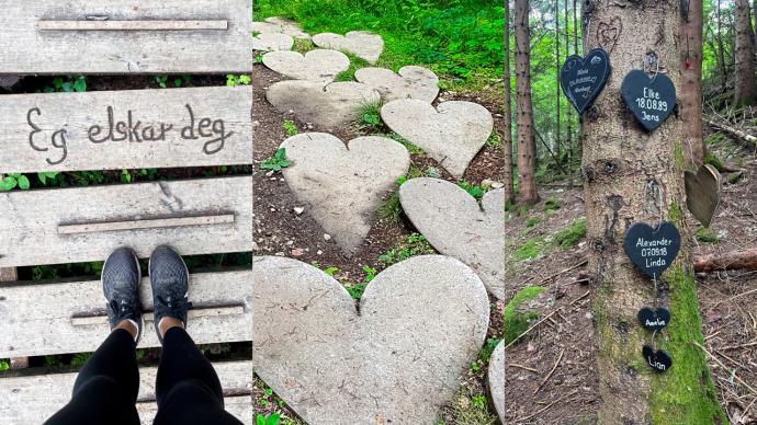 Klopp med "Eg elskar deg", steiner formet som hjerter, og hjerter som heng fra tre