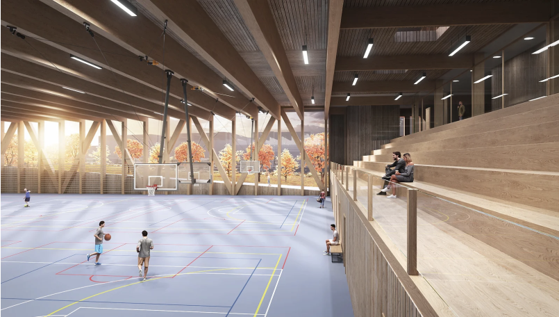 Illustrasjon av slik hallen først var tenkt, med konstruksjon og tribuner i treverk. 