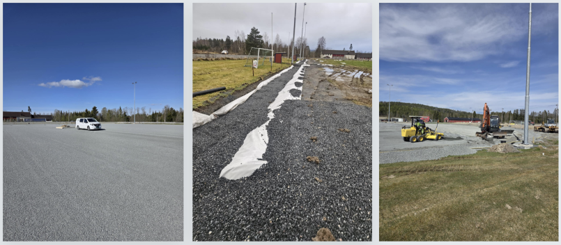 Trebilders kollasje som dokumenterer byggingen av idrettsanlegget: til venstre en jevnet grusflate med varebil og lysmaster, i midten nærbilde av drenering og grus langs den gamle gressbanen, og til høyre anleggsmaskiner som planerer underlaget rundt en lysmast.