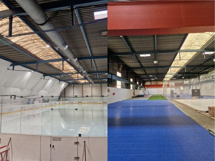 To bilder. Ishockeyhall til høyre. Aktivitetshall til venstre
